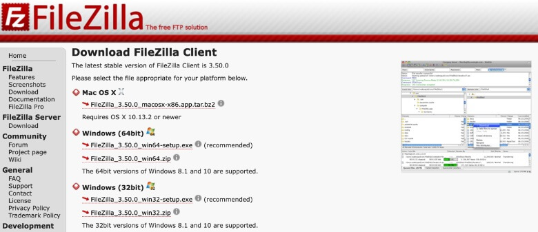 FileZilla ダウンロードページ