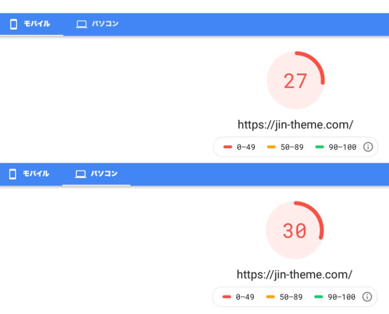 JIN公式サイトのPageSpeed Insights測定結果